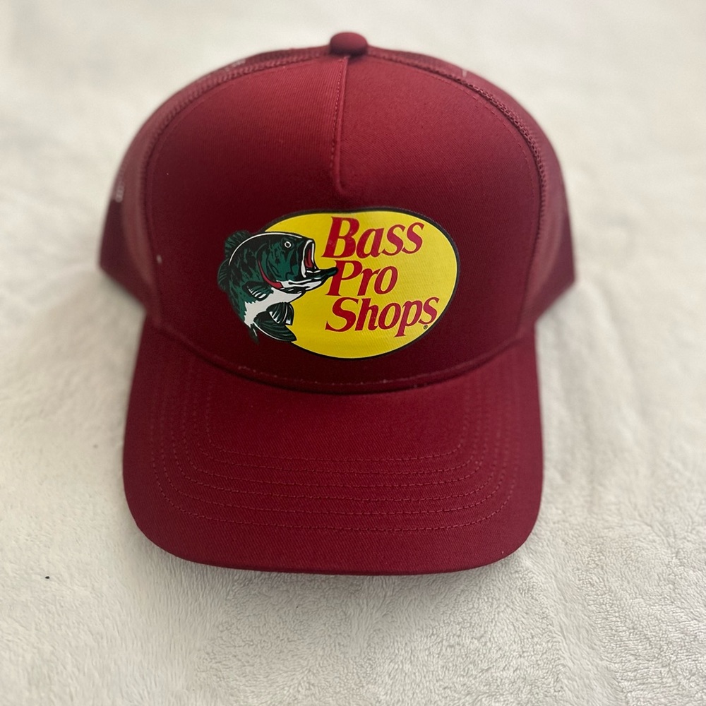 New Burgundy,  Bass Pro shop trucker hat.